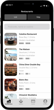 Image of an iPhone using the Best Restaurants app displaying nearby restaurant listings