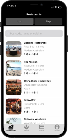 Image of an iPhone using the Best Restaurants app displaying nearby restaurant listings