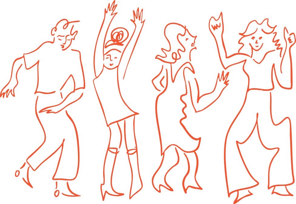 Line drawing of four people dancing with energetic poses, hands raised, and expressive movements, outlined in orange on a transparent background Small