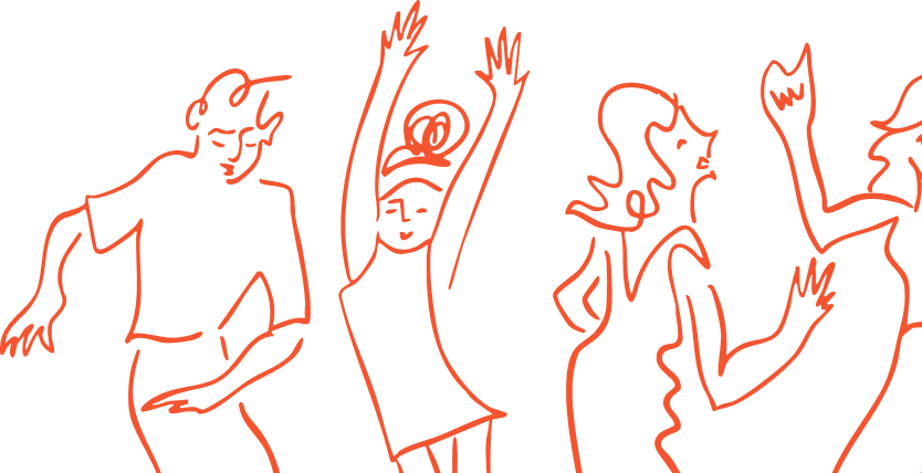 Line drawing of four people dancing with energetic poses, hands raised, and expressive movements, outlined in orange on a transparent background Large